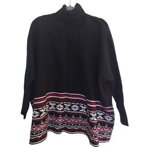 Joseph A Sweater‎ Women Large Black Long Sleeves Turtleneck Tribal Relaxed Fit